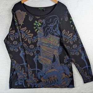 607-Tricotto Black and Blue Artistic Long Sleeve Top